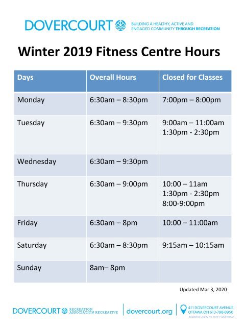 Dovercourt Winter 2020 Fitness Centre Hours