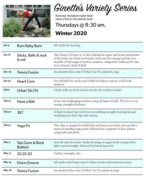 Ginette's Thursday 8:30am variety classes for Winter 2020