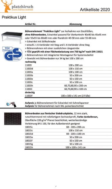 VGM Bühnenpodeste, Bühnenzubehör und Tanzflächen - Artikelliste 2020