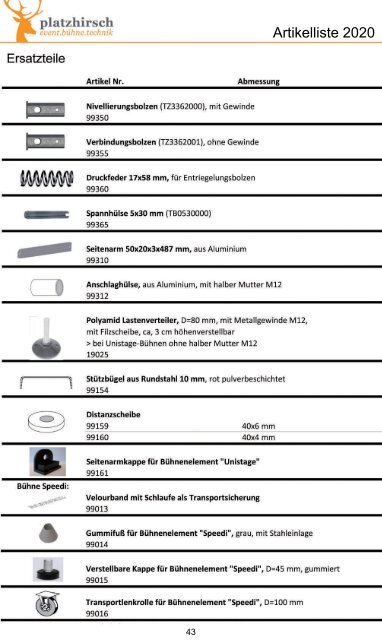 VGM Bühnenpodeste, Bühnenzubehör und Tanzflächen - Artikelliste 2020