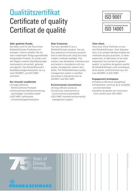 R&S FSQ Signal Analyzer - Rohde & Schwarz