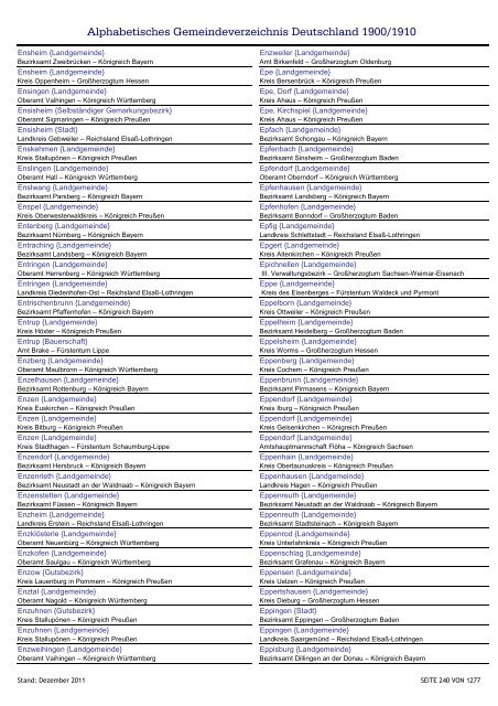 Alphabetisches Verzeichnis der Gemeinden in Deutschland 1900-2