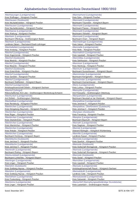 Alphabetisches Verzeichnis der Gemeinden in Deutschland 1900-2