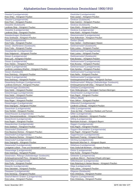 Alphabetisches Verzeichnis der Gemeinden in Deutschland 1900-2