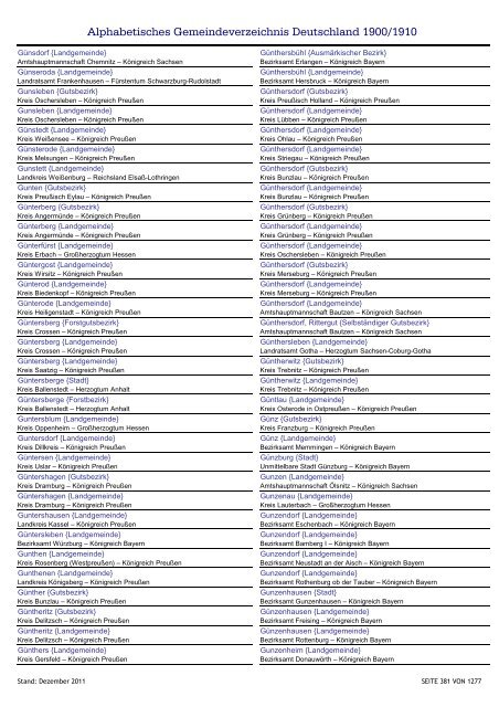 Alphabetisches Verzeichnis der Gemeinden in Deutschland 1900-2