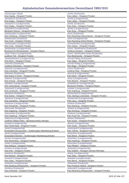 Alphabetisches Verzeichnis der Gemeinden in Deutschland 1900-2