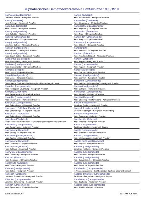 Alphabetisches Verzeichnis der Gemeinden in Deutschland 1900-2