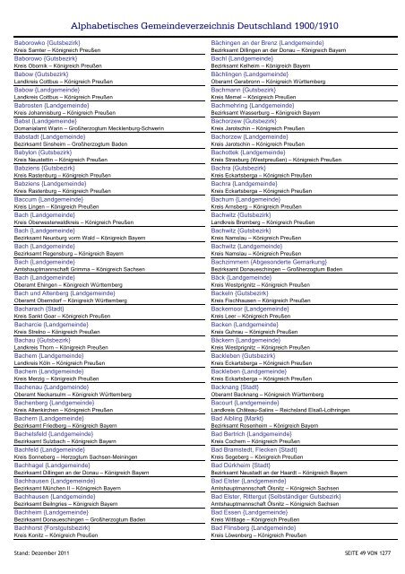 Alphabetisches Verzeichnis der Gemeinden in Deutschland 1900-2