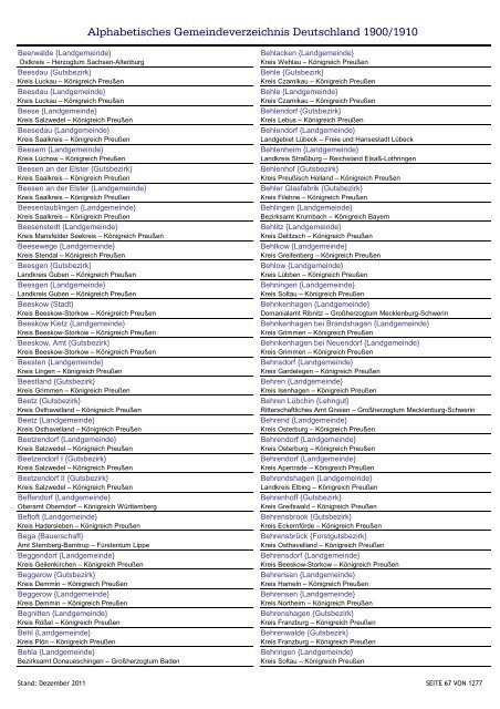 Alphabetisches Verzeichnis der Gemeinden in Deutschland 1900-2