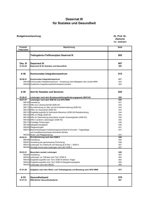 Haushalt der StädteRegion 2020 Dezernat III - Soziales und Gesundheit