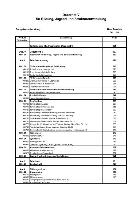 Haushalt der StädteRegion Aachen 2020 - Dezernat V - Bildung, Jugend und Strukturentwicklung