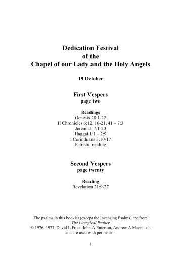 Community of the Servants of the Will of God, Vespers, Dedication Festival of the Chapel, 19 October