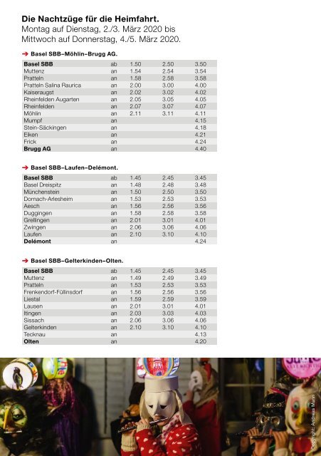 Fahrplan Extrazuege der Basler Fasnacht 2020