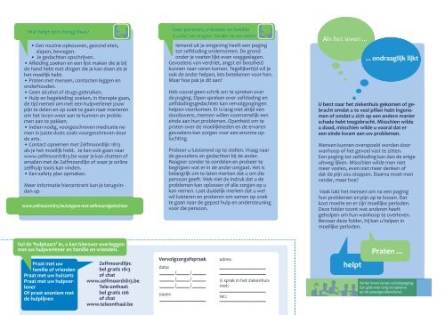 Folder voor suïcidepogers 'Als het leven ondraaglijk lijkt… praten helpt' (ziekenhuizen) 