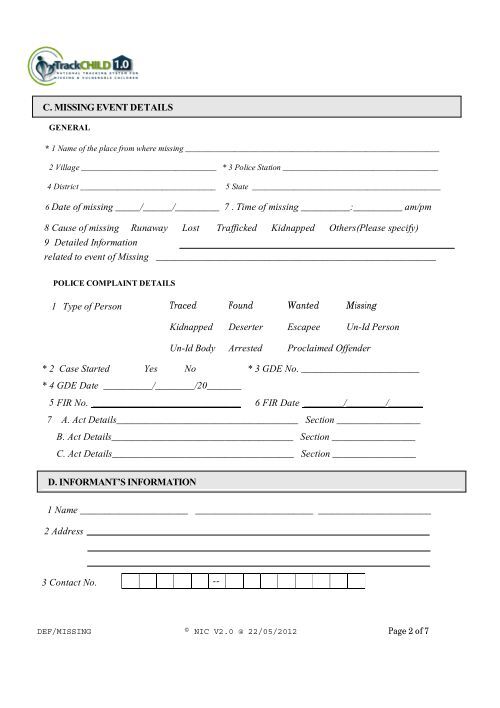 missing children tracking portal -- form â€œmâ€ - Track Missing Child
