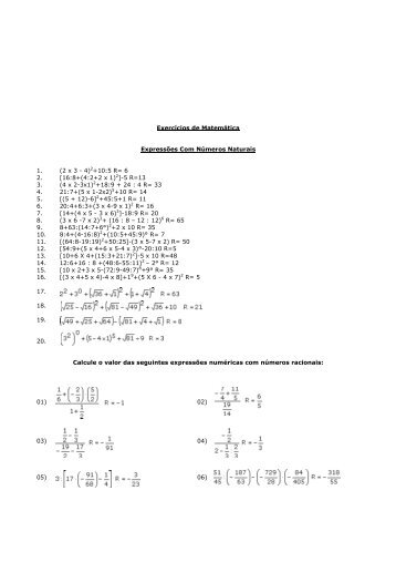 Exercícios de Matemática Expressões Com Números Naturais 1. (2 ...