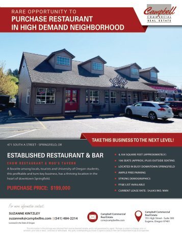 FOR SALE:  ESTABLISHED RESTAURANT & BAR $199,000