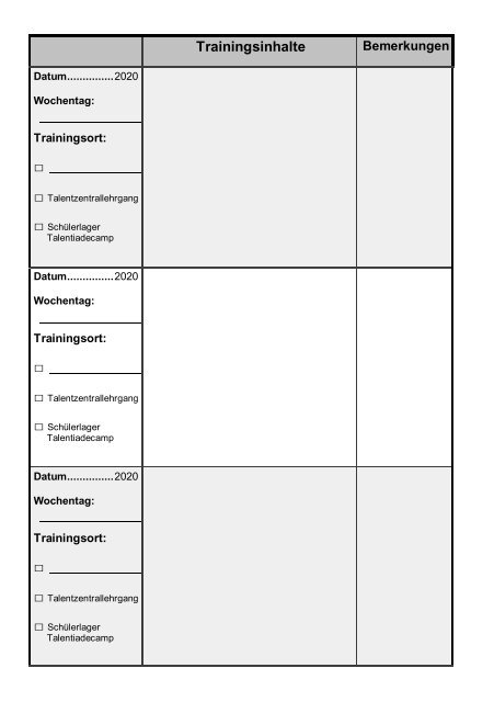 Trainingstagebuch Leichtathletik Baden-Württemberg 2020