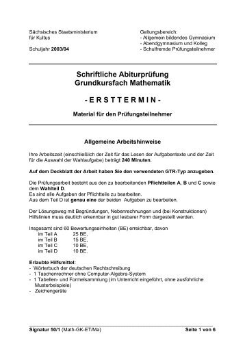 Schriftliche Abiturprüfung Grundkursfach Mathematik - ERSTTERMIN