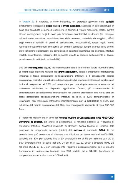 Progetto Assofond - Università di Brescia - Relazione Conclusiva 2011