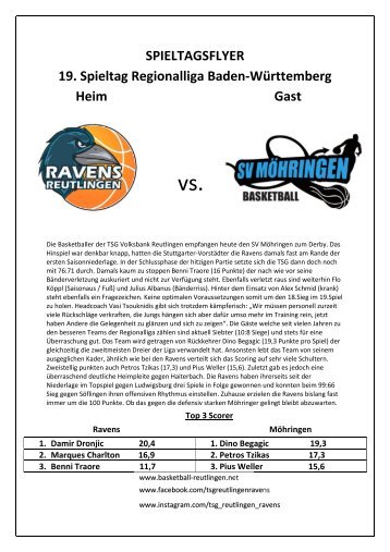 Ravens Reutlingen vs. Möhrigen 15.02.2020 um 19.00 Uhr IKG Halle Reutlingen