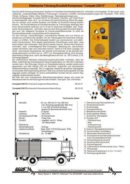 Elektrischer Fahrzeug-Druckluft-Kompressor â€œCompakt 230 ... - BEOS