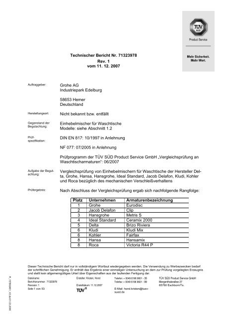 Technischer Bericht Nr. 71323978 Rev. 1 vom 11. 12. 2007 Grohe ...