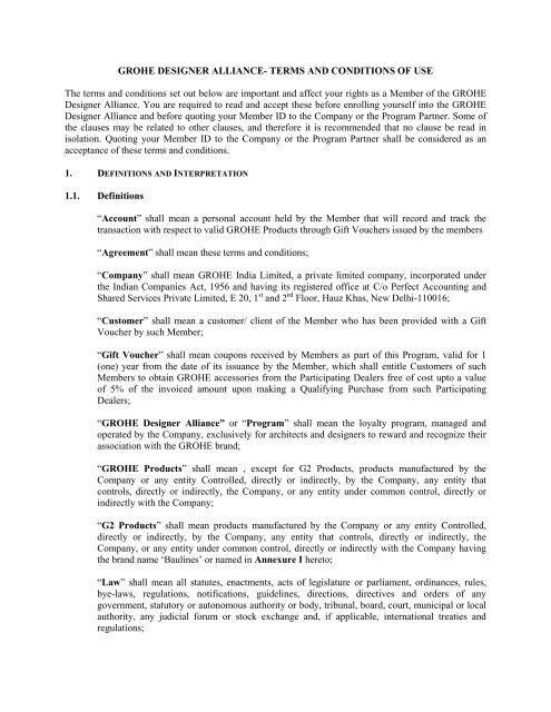 GROHE DESIGNER ALLIANCE- TERMS AND CONDITIONS OF 