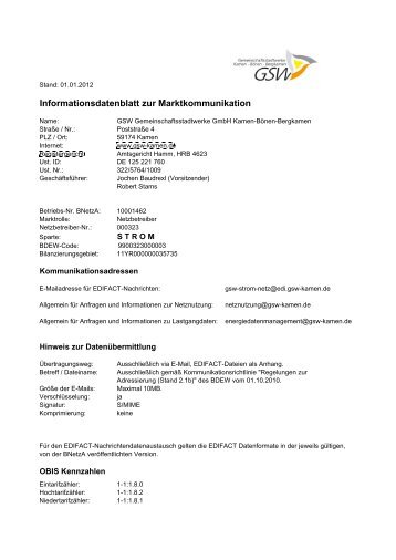 Informationsdatenblatt zur Marktkommunikation - GSW ...