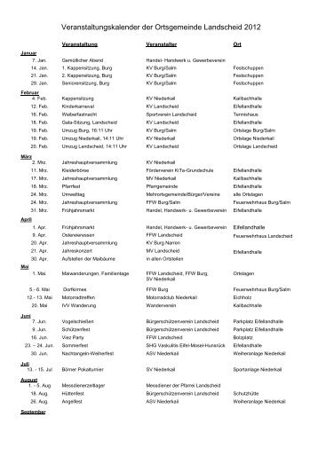 Veranstaltungskalender der Ortsgemeinde Landscheid 2012