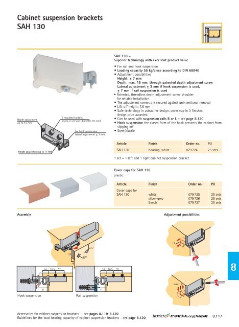 Cabinet suspension brackets with the convenience feature - Hettich