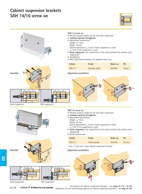 Cabinet suspension brackets with the convenience feature - Hettich