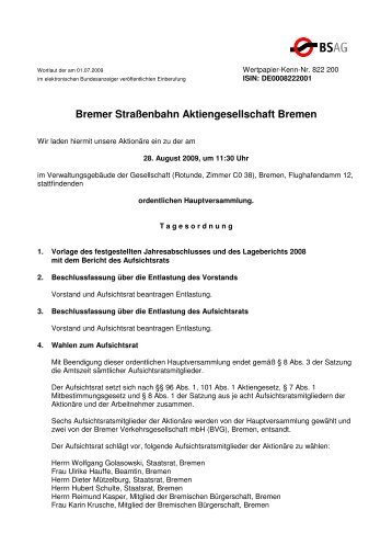 Bremer Straßenbahn Aktiengesellschaft Bremen - BSAG
