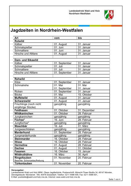 Jagdzeiten in Nordrhein-Westfalen - Wald und Holz NRW