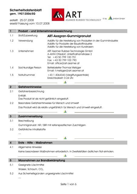 Sicherheitsdatenblatt Art-Asagran-Gummigranulat - ART Asamer