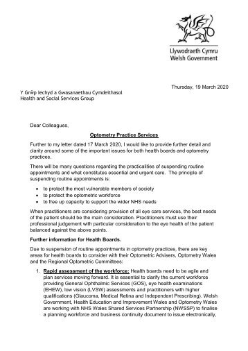 Additional information letter to Primary Care Optometry and Health Boards- 19.03.2020