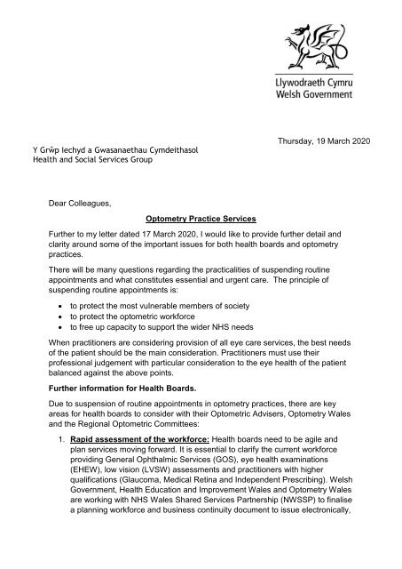 Additional information letter to Primary Care Optometry and Health Boards- 19.03.2020