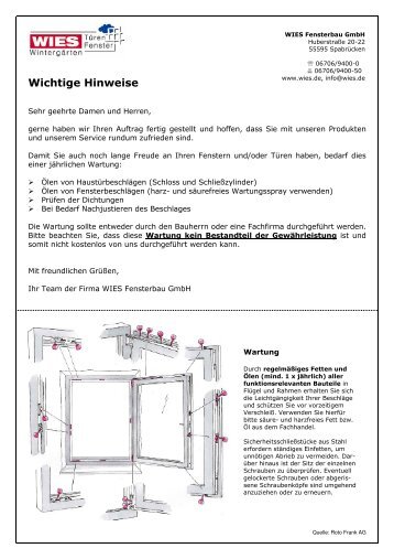 Wartungsanleitung Beschlag - Roto - Wies Fensterbau GmbH ...
