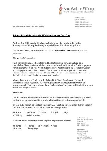 Tätigkeitsbericht 2010 - Anja Wojahn Stiftung