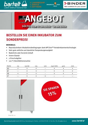Binder Inkubatoren der Serie BD, BF, KB, KT bei Bartelt!