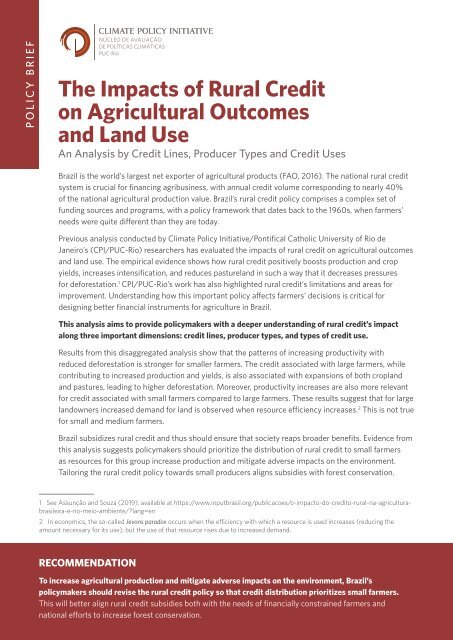 The Impacts of Rural Credit on Agricultural Outcomes and Land Use