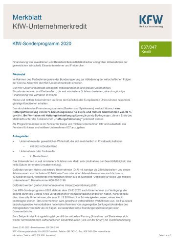 Merkblatt | KfW-Unternehmerkredit | KfW-Sonderprogramm 2020