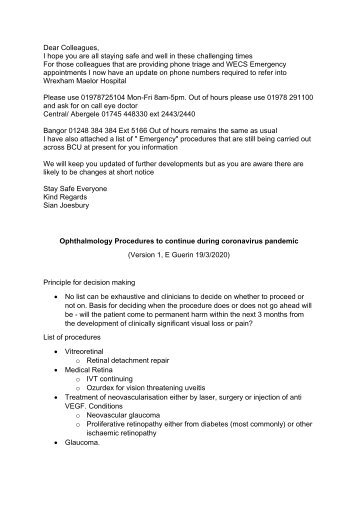 Ophthalmology Procedures to continue during coronavirus pandemic BCU HB