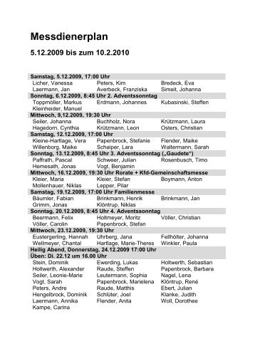 Messdienerplan 5.12.2009 bis zum 10.2.2010
