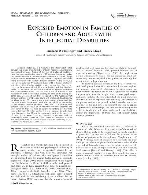 Expressed Emotion In Families Of Children And Adults With Intellectual Expressed Emotion In Families Of Children And Adults With Intellectual