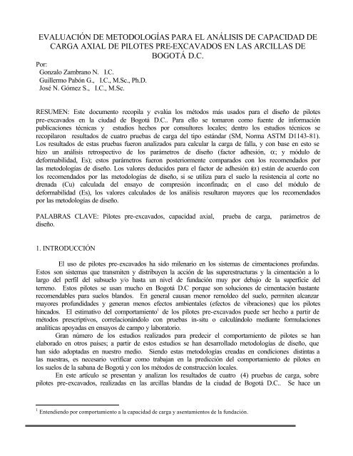 Evaluacion de Metodologias para el Analisis de Capacidad de Carga Axial de Pilotes Pre-Excavados en las Arcillas de Bogota D.C., 2002