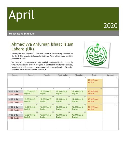 April 2020 Broadcasting Schedule