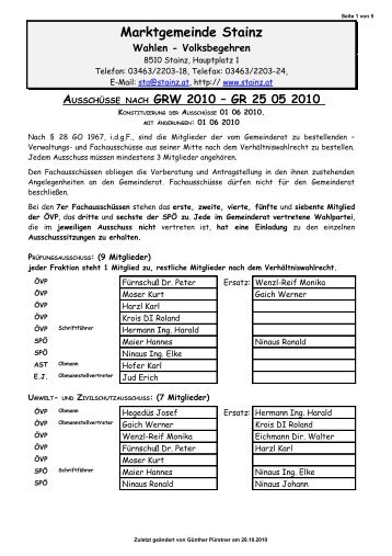 Ausschüsse nach GRW 2010 - Gemeinde Stainz