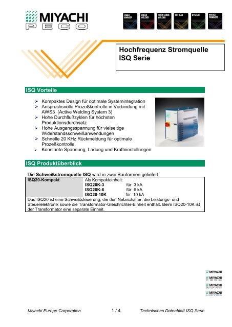 Hochfrequenz Stromquelle ISQ Serie - Miyachi Europe