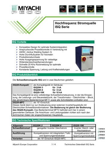 Hochfrequenz Stromquelle ISQ Serie - Miyachi Europe